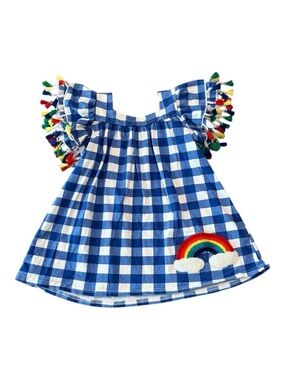 Blue Gingham Rainbow Tassel Sleeve Tunic Shirt